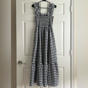 Chouyatou Navy & White Gingham Cottagecore Smocked Shirred Maxi Dress Medium